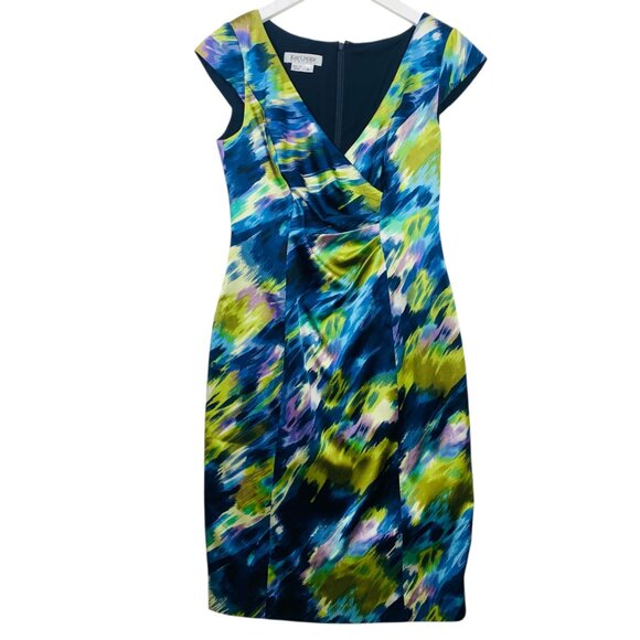 silk cocktail dress watercolor print cinch waist Sheath V-neck sz4 KAY UNGER - Picture 8 of 16